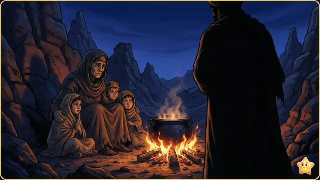أم بدوية متعبة وأطفالها الجائعون يجلسون حول قدر يغلي على نار صغيرة في الليل.