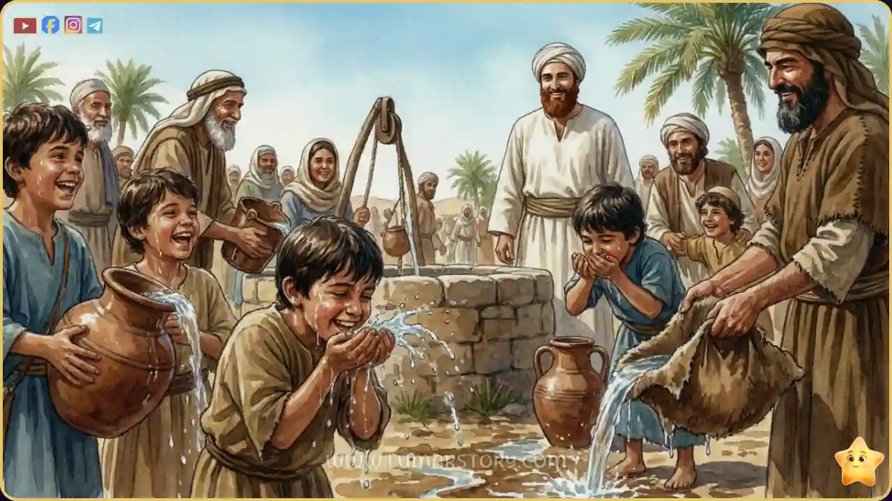 الأطفال والناس يشربون الماء العذب بسعادة وفرح في يوم عثمان المجاني