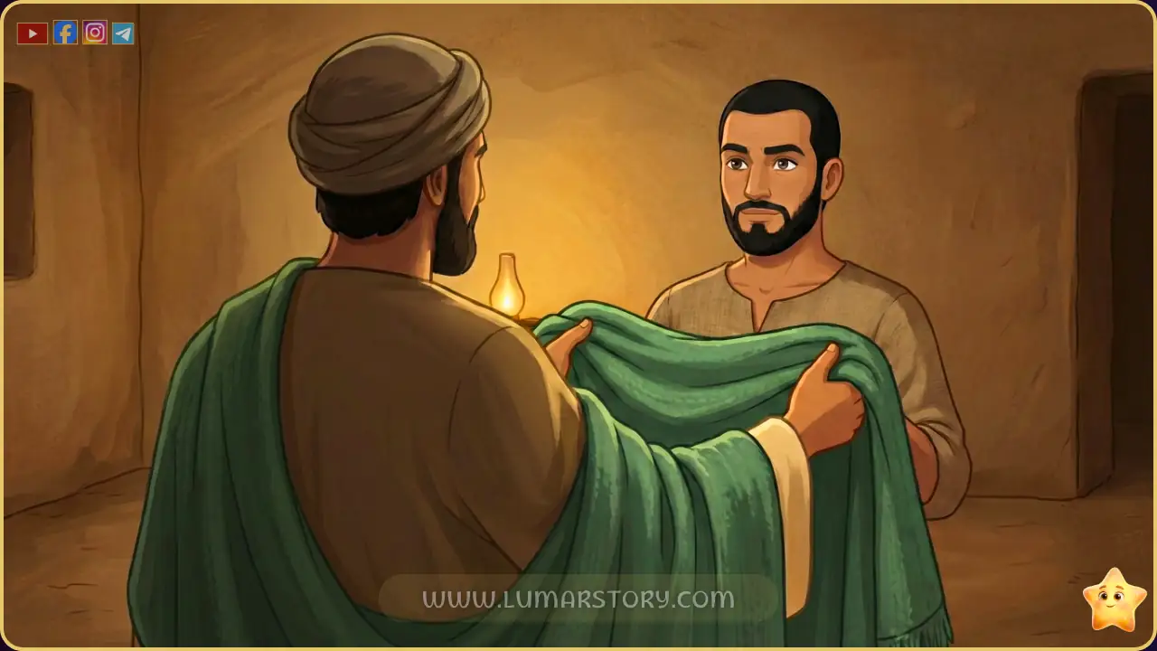 النبي محمد صلى الله عليه وسلم، يظهر كظل من نور، يعطي ابن عمه الشجاع علي بن أبي طالب غطاءً أخضر جميلاً.