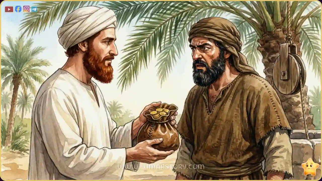 عثمان بن عفان يعطي كيساً من الذهب لصاحب البئر ليشتري نصفها