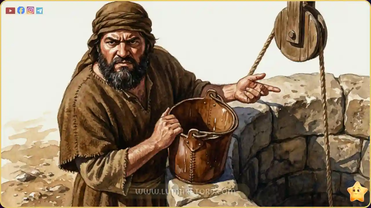 صاحب البئر يمسك الدلو ويرفض إعطاء الماء إلا بالمال، ملامحه عابسة