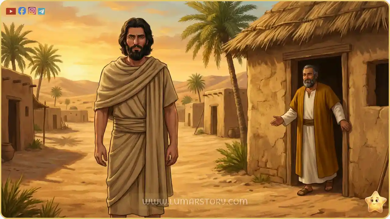 عبد الرحمن بن عوف، المهاجر القوي، يصل إلى المدينة بلا مال، ويستقبله سعد بن الربيع أمامه بيته البسيط.