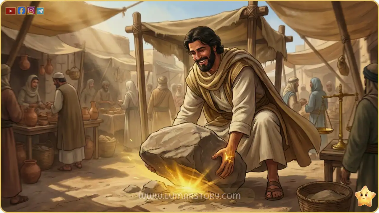 عبد الرحمن بن عوف أصبح غنياً ببركة الله، ويرفع حجراً ليجد تحته ذهباً، كرمز على نجاحه وكرمه.