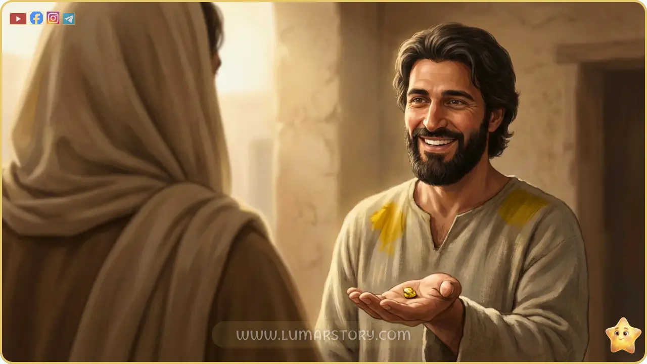 عبد الرحمن بن عوف يري الرسول صلى الله عليه وسلم، الذي تظهر ملابسه فقط، قطعة ذهب صغيرة بحجم نواة التمر دفعها كمهر لزواجه.