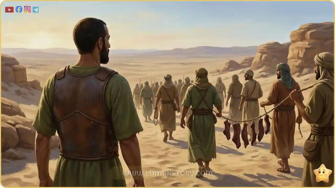 أبو عبيدة وجيشه الأقوياء يبدأون رحلة العودة إلى المدينة، حاملين معهم لحم الحوت المجفف كدليل على الصبر والثقة بالله.