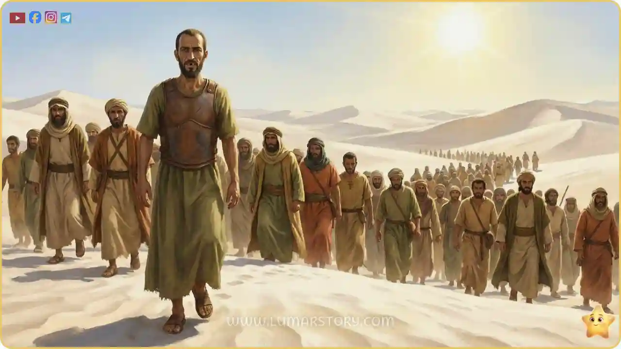 القائد أبو عبيدة بن الجراح، طويل ونحيل، يقود جيشه المكون من ثلاثمئة صحابي في رحلة طويلة عبر الصحراء ذات الرمال البيضاء الحارة.
