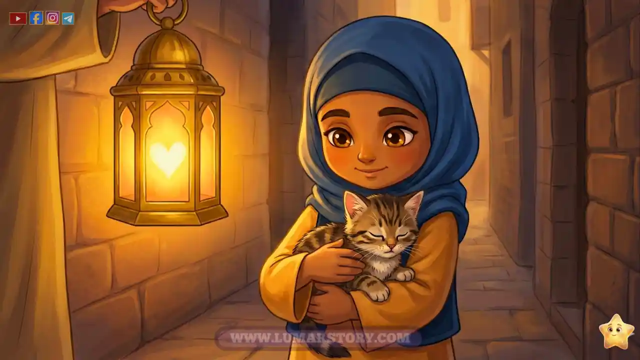 أمينة تحتضن القطة الصغيرة لتدفئتها بينما يسطع الفانوس بنور دافئ يملأ المكان.