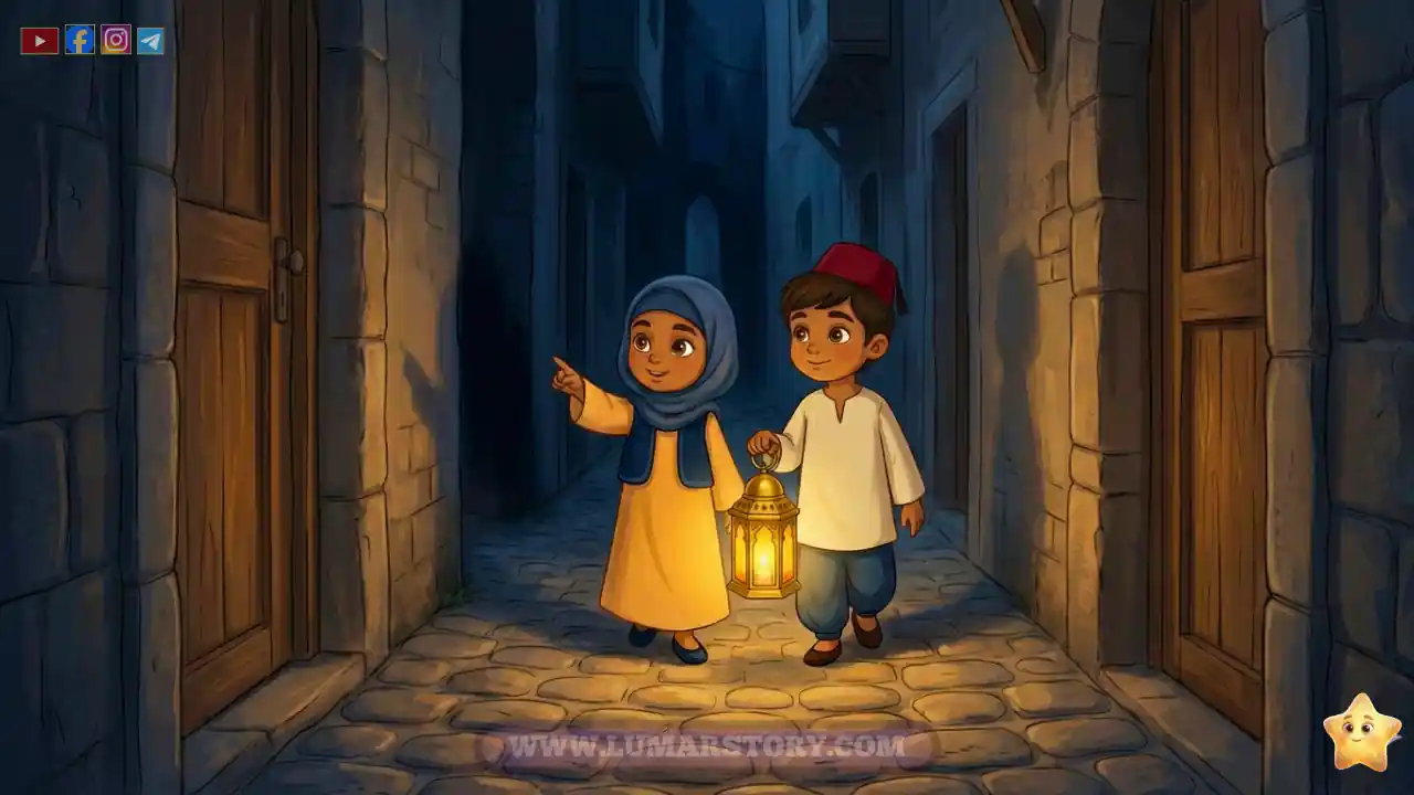 أمينة وعمر يمشيان بحذر داخل الزقاق المظلم مسترشدين بضوء الفانوس الدافئ.