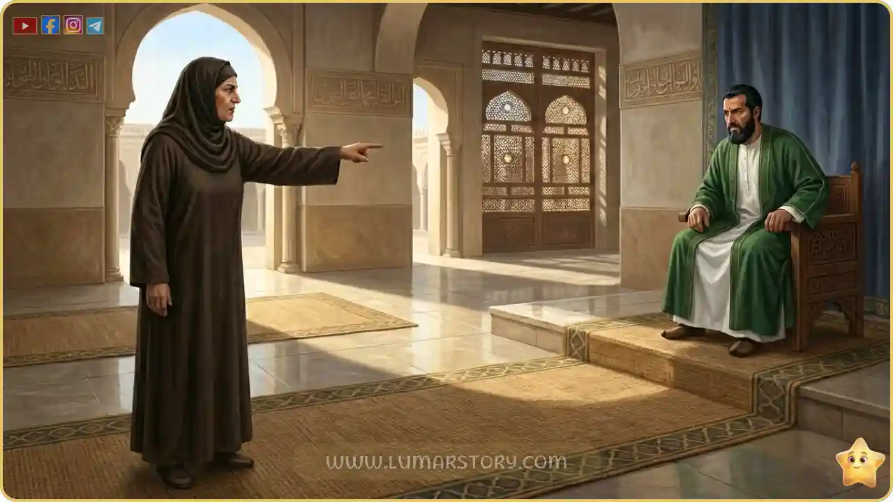 أروى بنت أوس تشير بإصبعها باتهام نحو سعيد أمام الحاكم مروان بن الحكم في مجلسه.