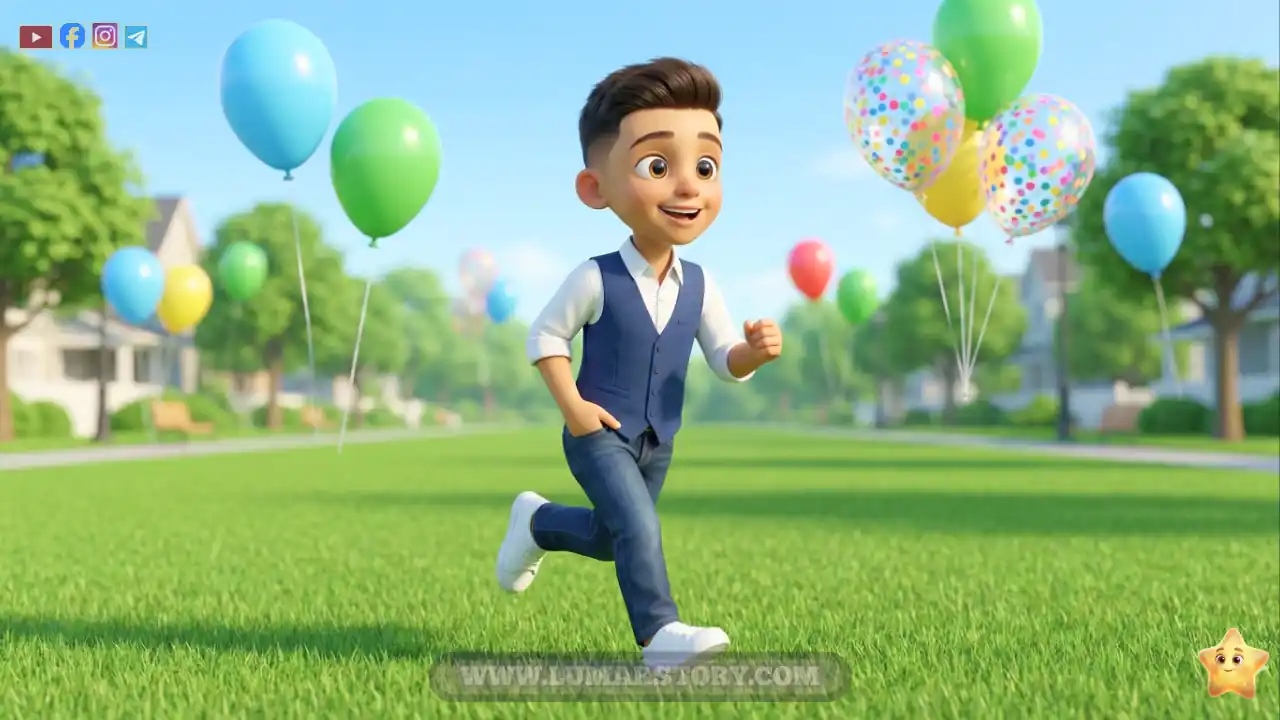محمد، ولد صغير، يركض سعيداً في حديقة خضراء يوم العيد، وجيبه ممتلئ بالعيدية والشوكولاتة.