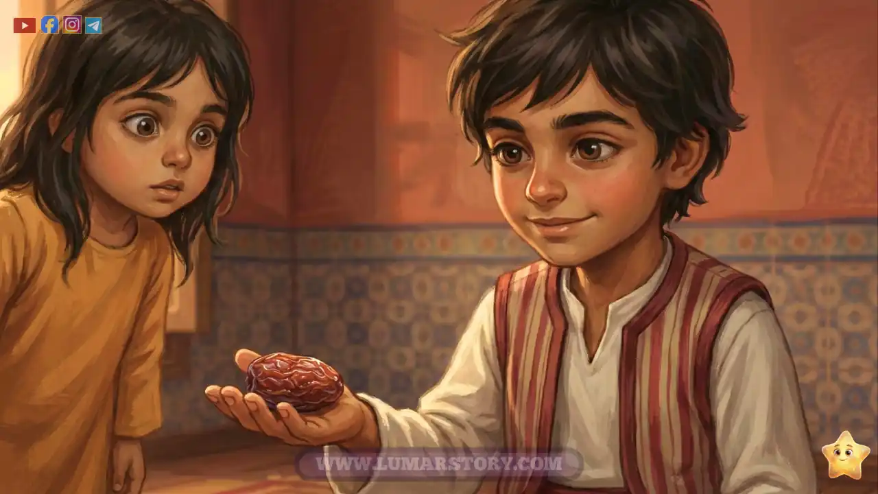 أحمد يبتسم ويقدم التمرة لأخته ليلى، ويقول لها كلاماً حلواً.