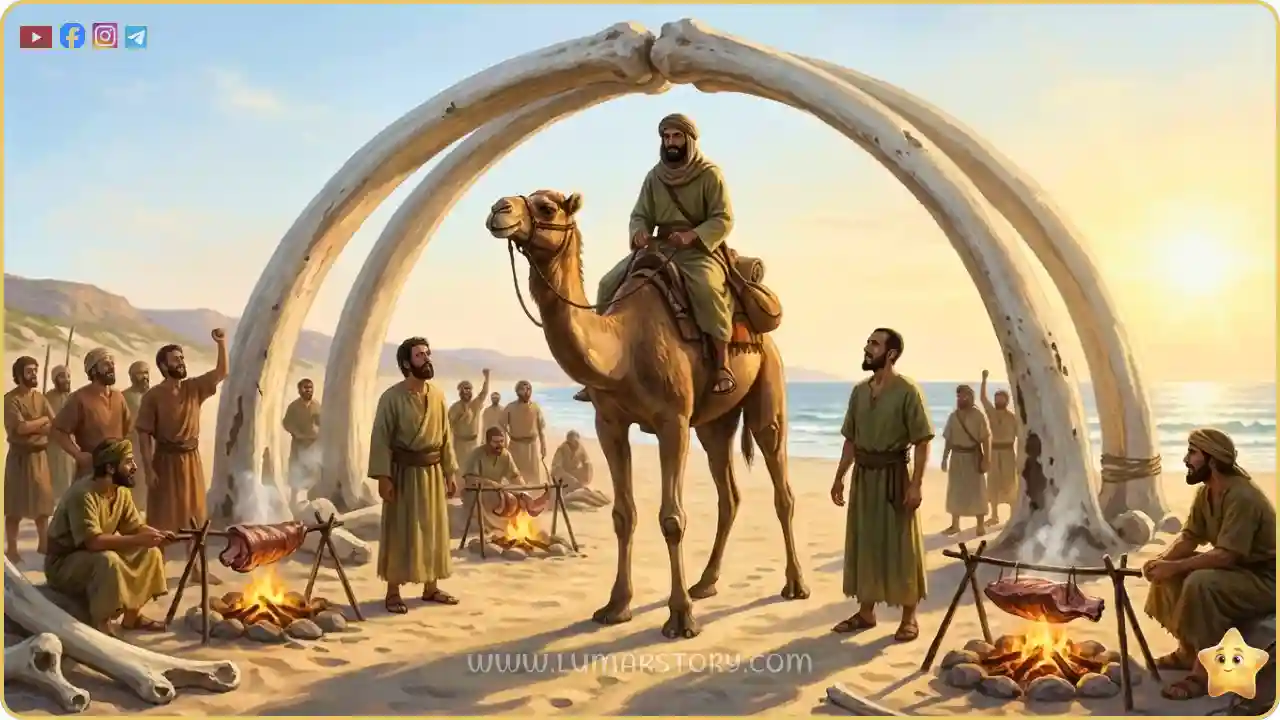 أطول رجل في الجيش يركب أطول جمل ويمر من تحت عظمة حوت بيضاء ضخمة وضعها أبو عبيدة كقوس ليُظهر عظمة هبة الله.