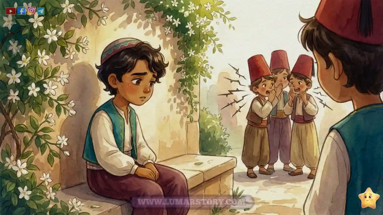 حسن يجلس منزعجاً قرب الجدار بينما يتهمس أطفال آخرون في الخلفية بكلام غير طيب.