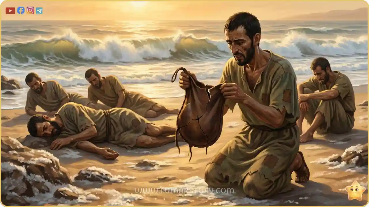 جيش الصحابة يصل إلى شاطئ البحر الأحمر وهم في غاية التعب والإرهاق، وقِرَبُ الماء الجلدية الخاصة بهم فارغة ومسطحة.