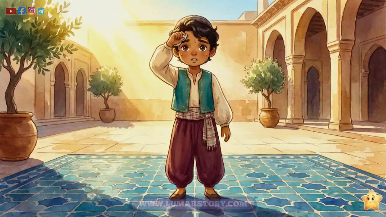 الطفل حسن يمسح العرق عن جبينه ويشعر بالعطش في فناء الدار المشمس أثناء الصيام.