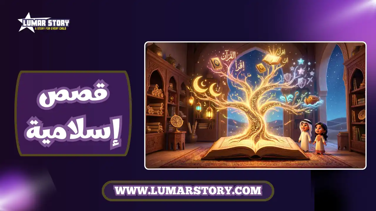 طفلان أمام كتاب سحري تخرج منه شجرة مضيئة، تعبر عن مكتبة قصص إسلامية للأطفال.