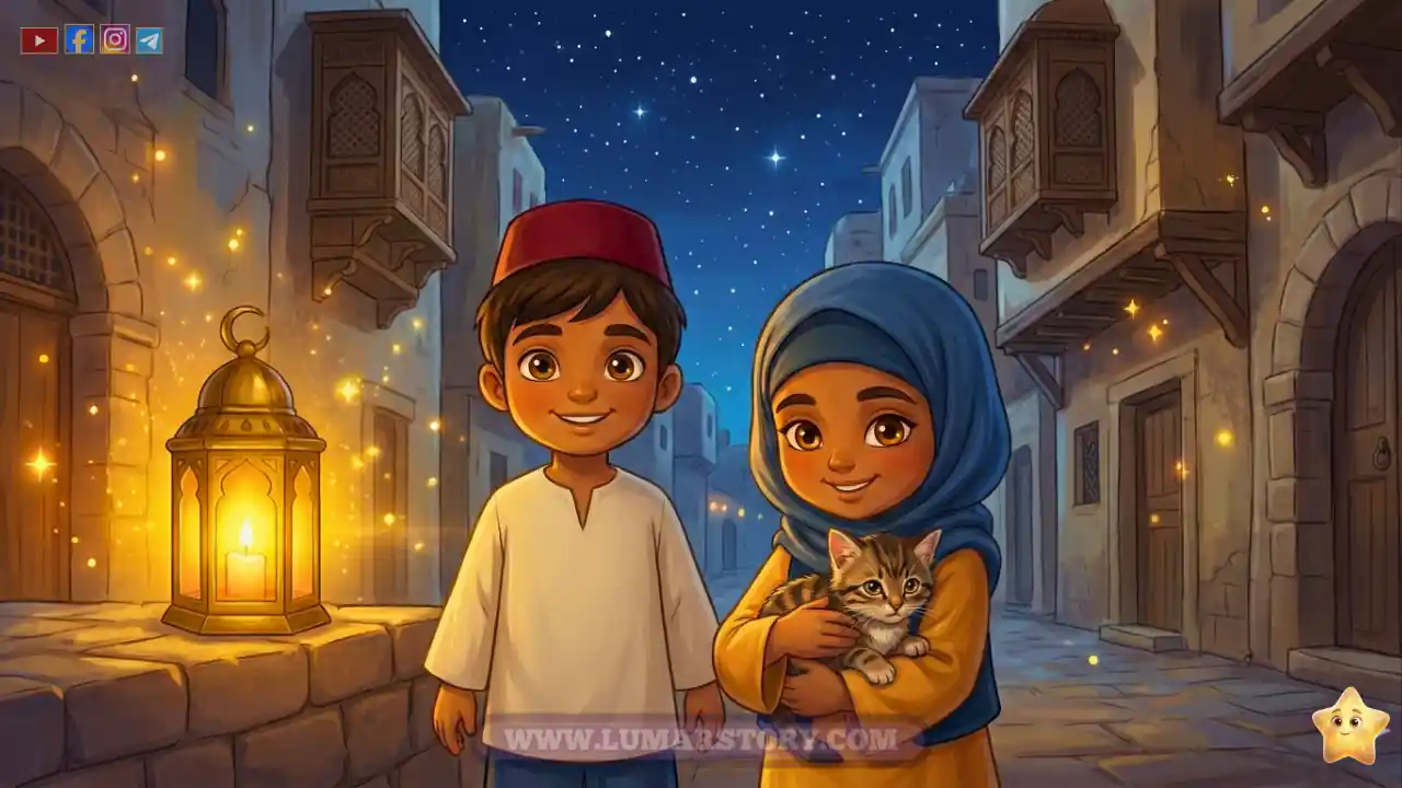 عمر وأمينة والقطة والفانوس في لقطة جماعية سعيدة تعبر عن فرحة المساعدة في رمضان.