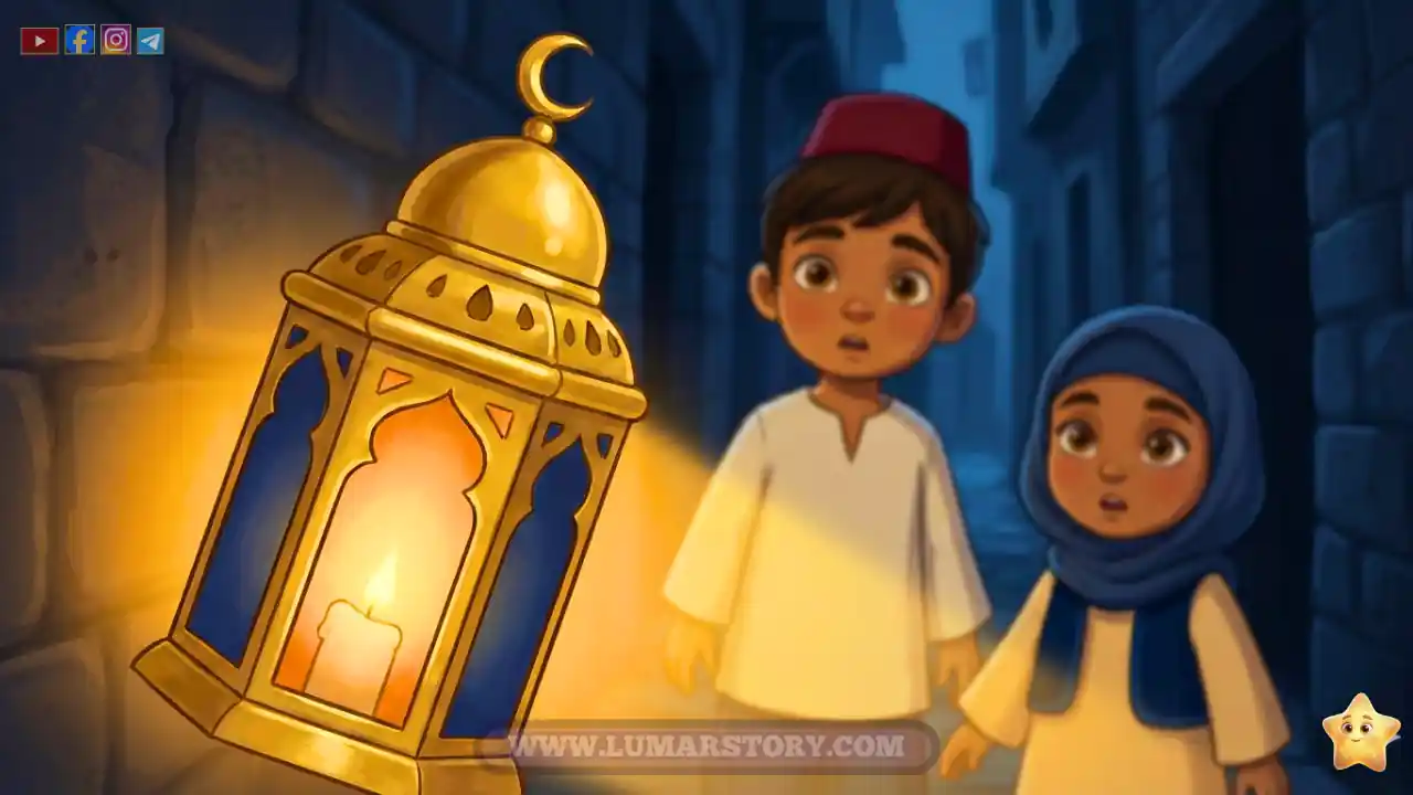 فانوس رمضان السحري يوجه ضوءه نحو زقاق مظلم بينما ينظر الطفلان عمر وأمينة بفضول.