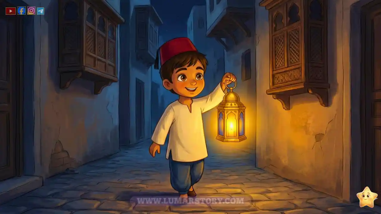 الطفل عمر يرتدي الطربوش ويمشي بفخر حاملاً فانوس رمضان الذهبي في شارع مرصوف بالحجارة.