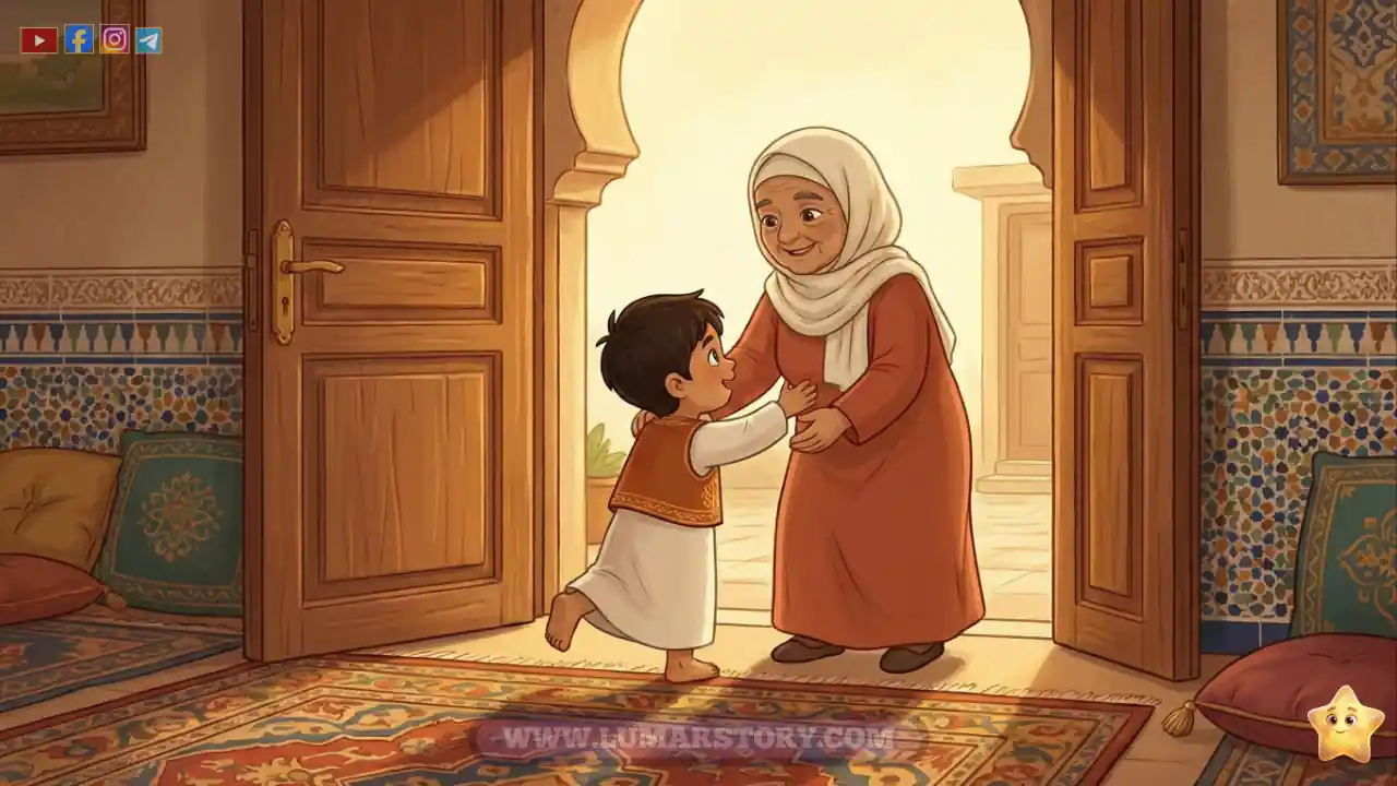 عمر يركض إلى حضن جدته الدافئ عند باب بيتها المفتوح، وهي تستقبله بابتسامة حنونة.