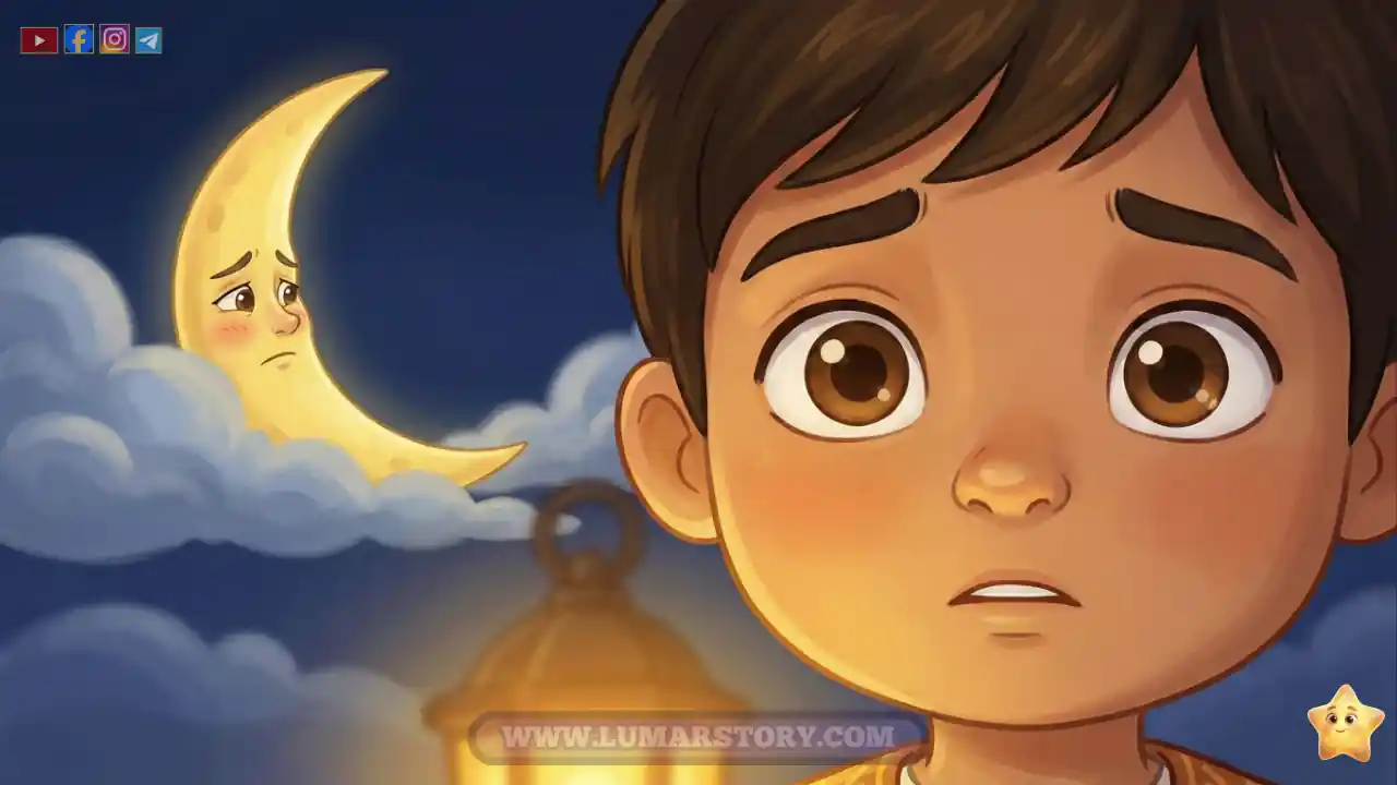 عمر ينظر بقلق إلى هلال رمضان النحيف وهو يختبئ خجلاً خلف الغيوم في السماء.
