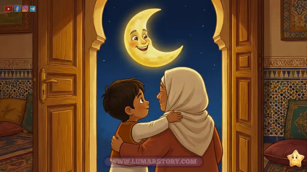 من حضن جدته، يرى عمر هلال رمضان وهو يلمع بقوة ويبتسم ابتسامة ذهبية كبيرة في السماء.