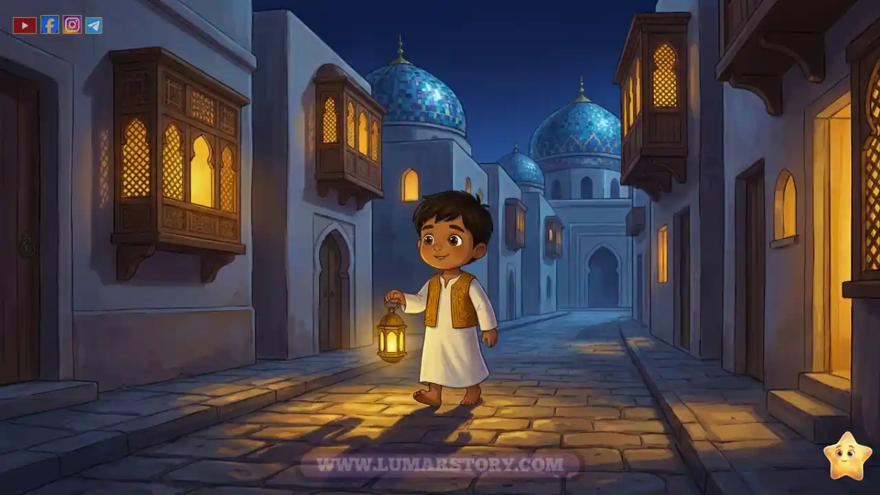 عمر يمشي في الشارع المظلم، ونور فانوسه الأصفر الصغير يتحرك معه في طريقه إلى بيت جدته.