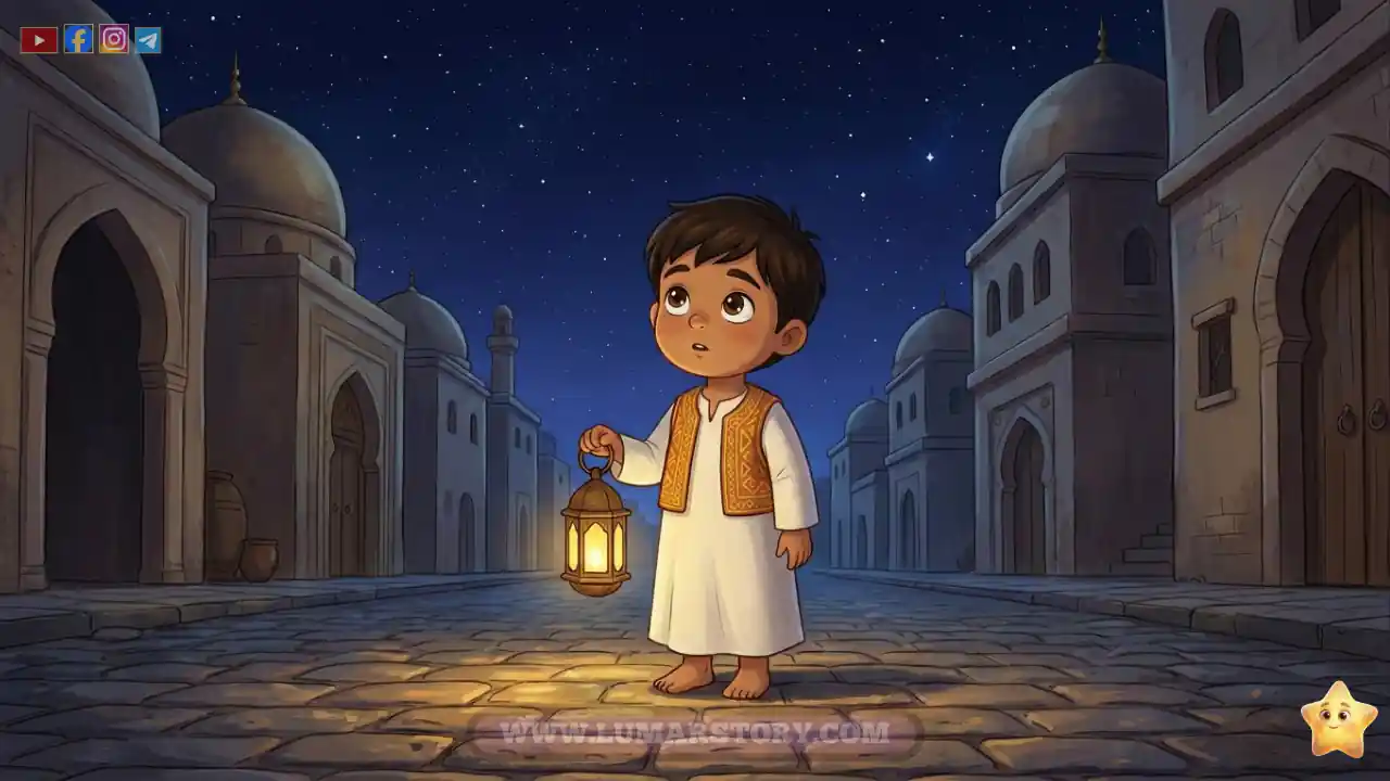 عمر الصغير يقف في شارع قديم ليلاً، يمسك فانوسه النحاسي اللامع وينظر إلى السماء.