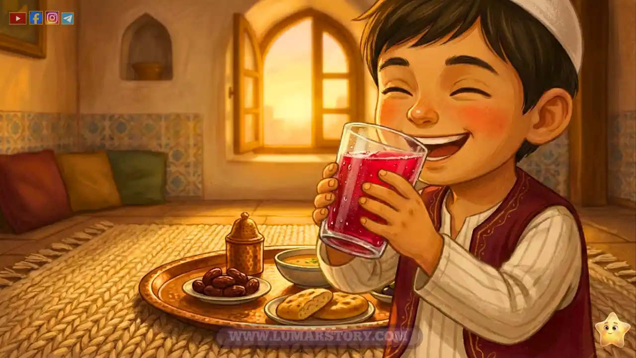 عمر المنتصر يشرب عصير الرمان الحلو وابتسامة كبيرة ومشرقة على وجهه بعد الإفطار.