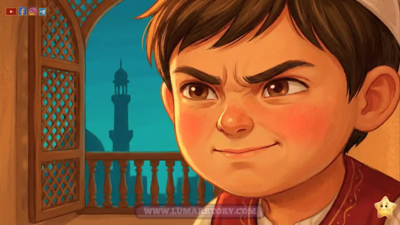 عمر يحاول أن يبتسم ابتسامة صغيرة بينما يظهر من النافذة الخشبية أذان المغرب معلناً وقت الإفطار.