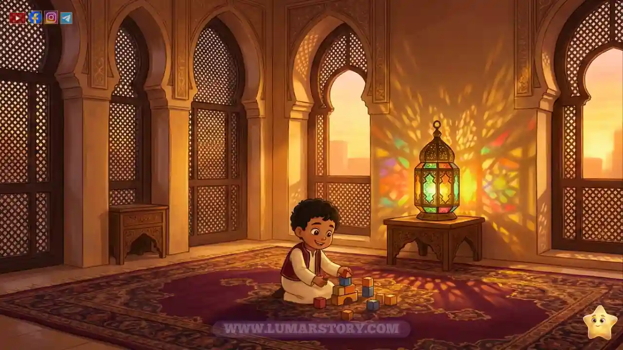 طفل اسمه عمر يلعب على سجادة حمراء وضوء فانوس رمضان الملون يضيء الحائط.