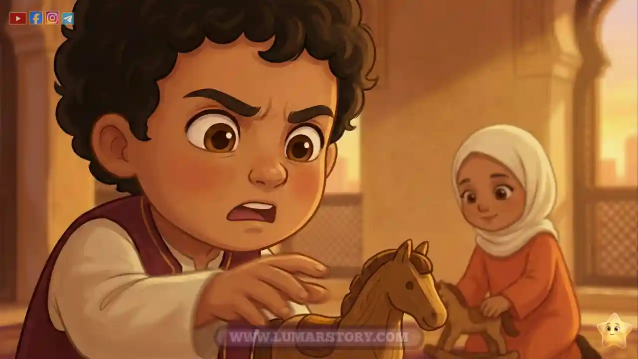 عمر يشعر بالجوع وينظر إلى أخته ليلى، وتتحرك يده لتأخذ لعبتها.