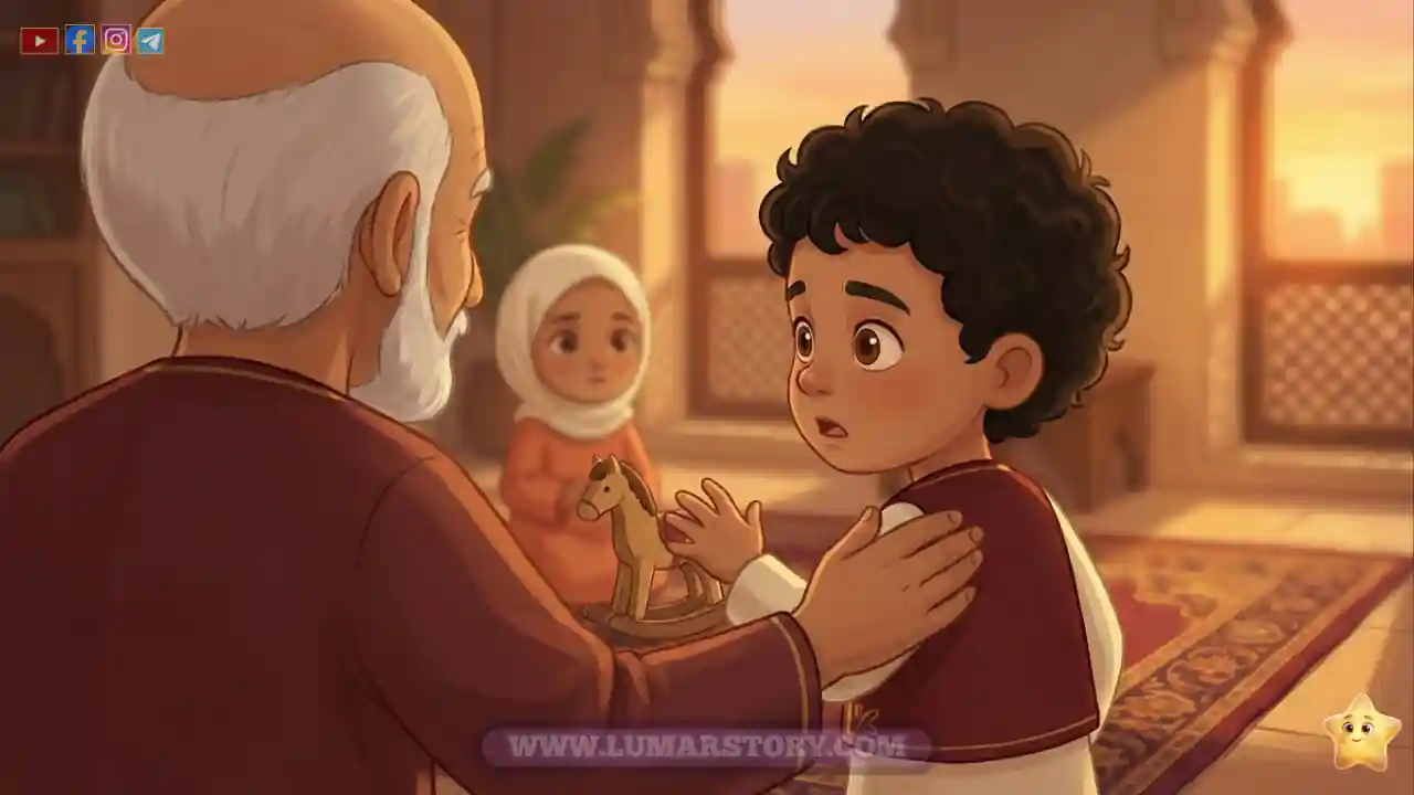 الجد يهمس في أذن عمر، ويد عمر تتوقف في الهواء قبل أن تأخذ اللعبة.