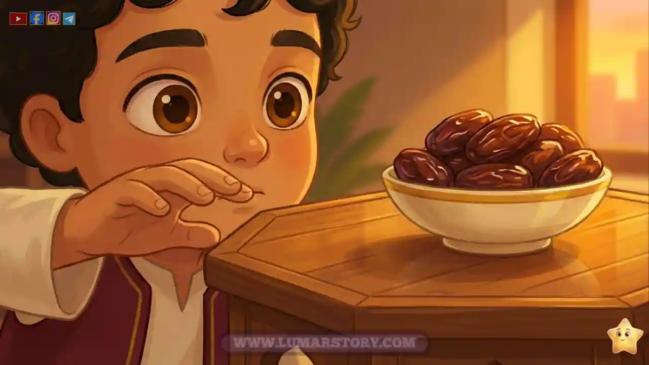 عمر يسحب يده وينظر إلى وعاء التمر الجميل على الطاولة.