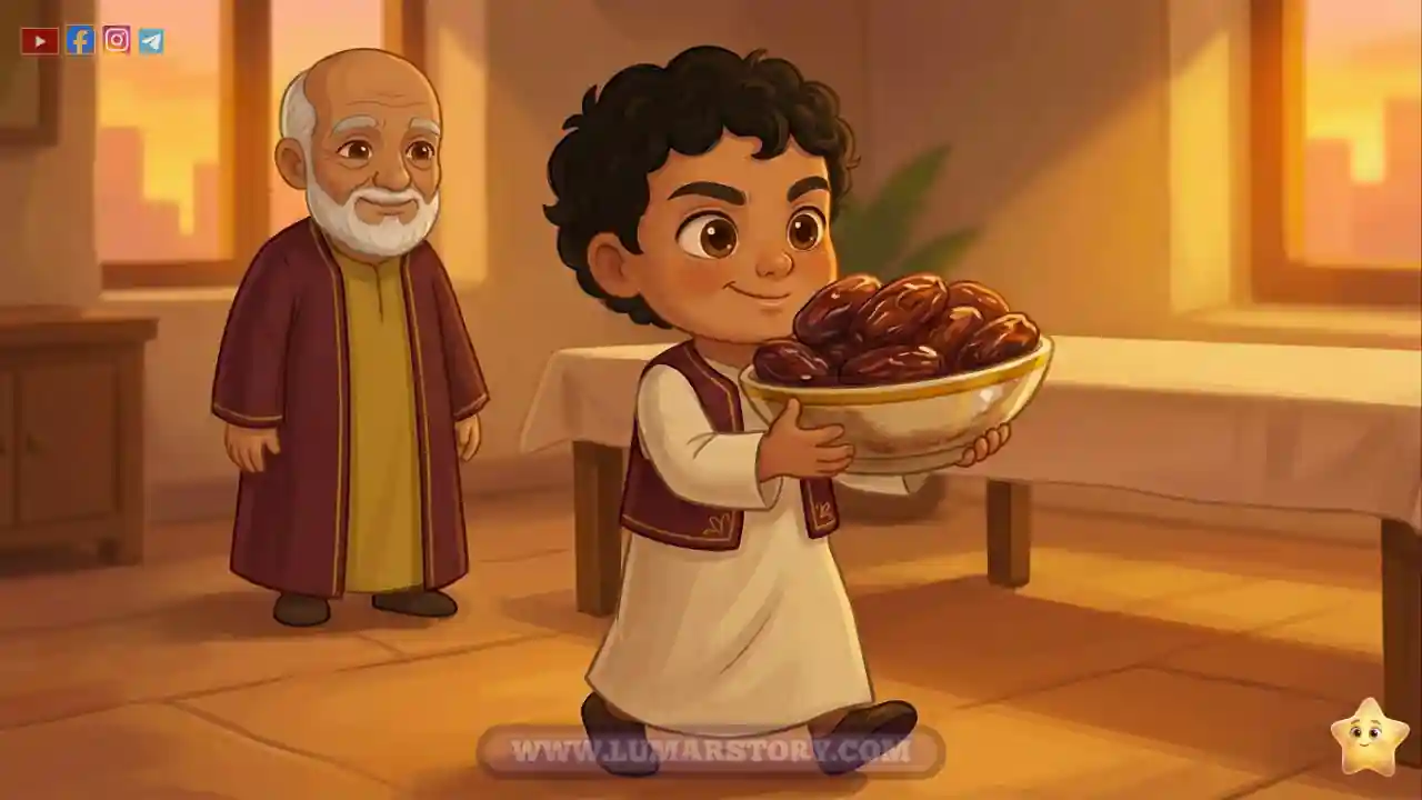 عمر يحمل وعاء التمر بكلتا يديه الصغيرتين ويضعه على مائدة الإفطار، وجده يبتسم.