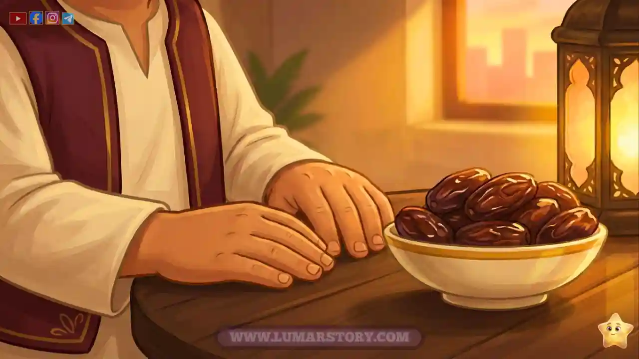 صورة رمزية ليدي طفل طيبتين بجوار وعاء التمر، تمثلان عمل الخير في رمضان.
