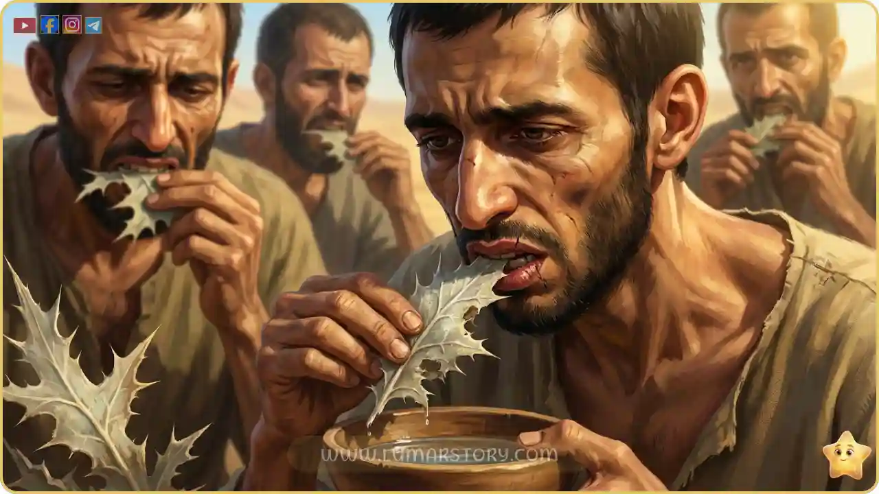 الصحابة يشعرون بالجوع الشديد ويأكلون أوراق شجر الخبط اليابسة والمليئة بالأشواك بعد تبليلها بالماء، وتظهر على وجوههم علامات الألم.