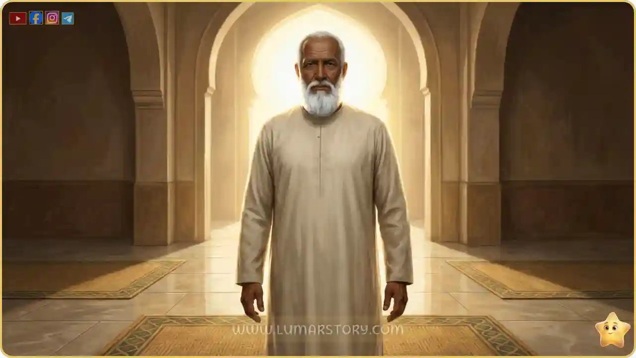 سعيد بن زيد يمشي بهدوء وسكينة بثوبه البسيط ليدخل على الحاكم وهو غير خائف.