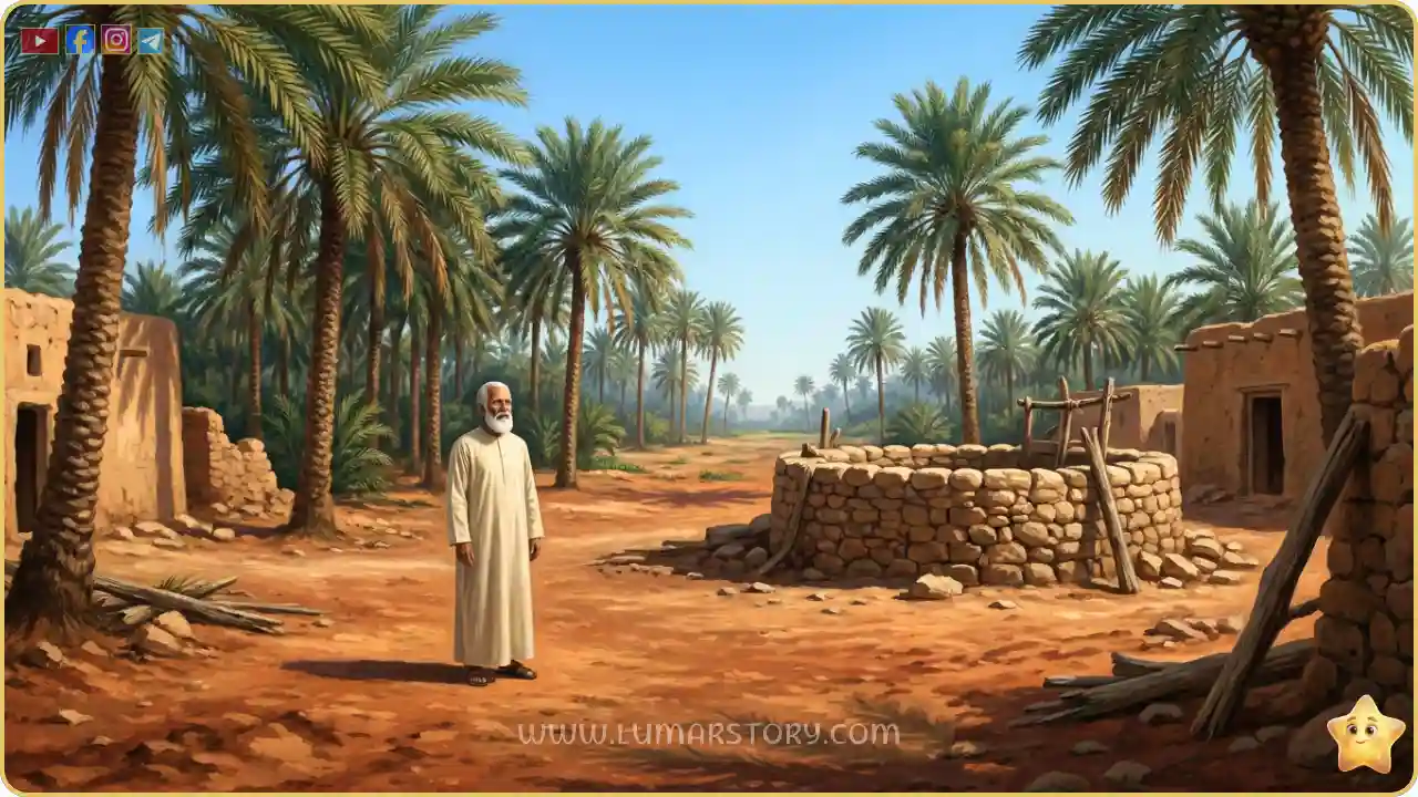 سعيد بن زيد، الرجل الصالح ذو اللحية البيضاء، يقف في أرضه ذات التربة الحمراء والنخل الطويل والبئر الحجري.