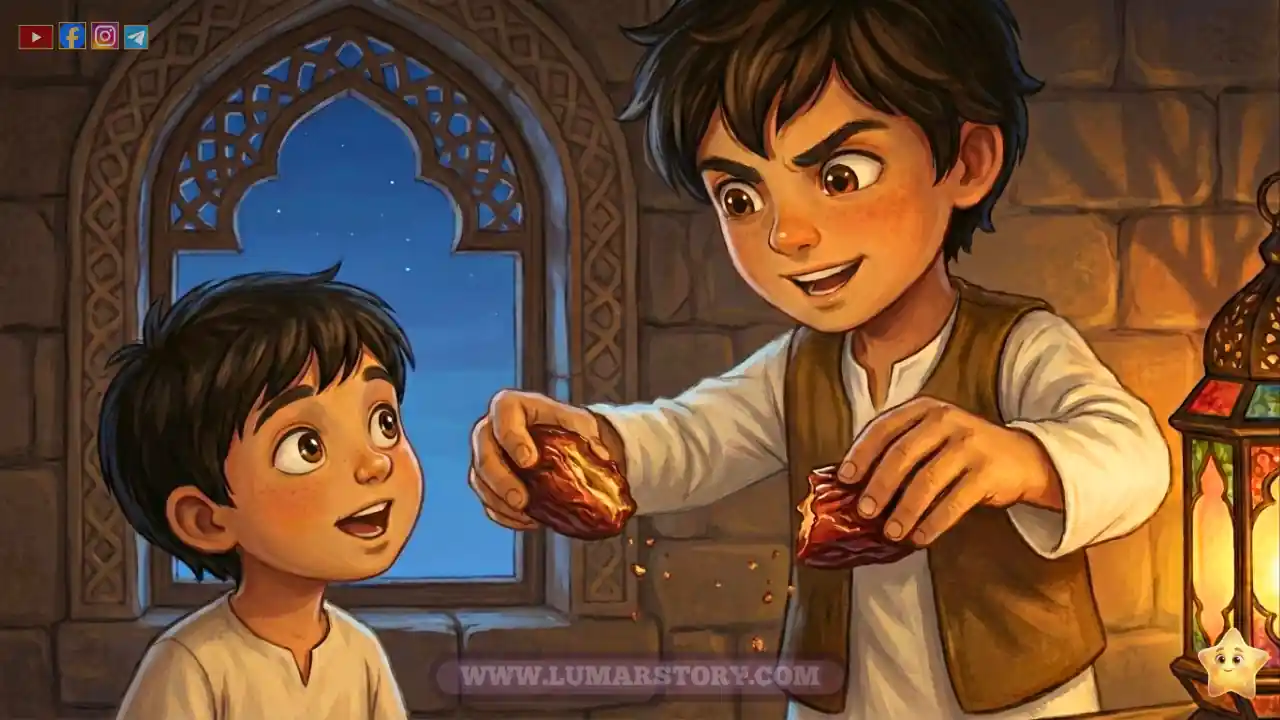 مع بداية صوت الأذان، عمر يكسر التمرة إلى نصفين ويعطي الجزء الأكبر لأخيه زيد.