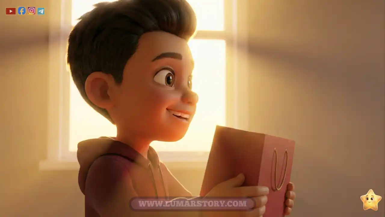ابتسامة كبيرة ودافئة على وجه سليم بعد أن أغلق كيس الهدايا، شاعراً بفرحة العطاء.
