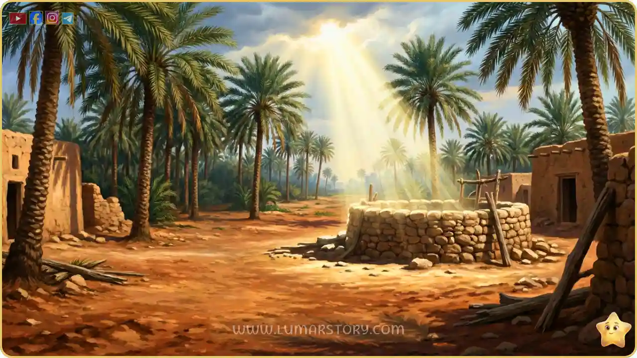 شعاع نور يرمز إلى الصدق والحق يضيء الأرض والبئر، مظهرًا أن الله مع الصادقين.