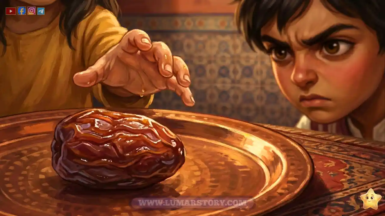 أحمد يرى أخته الصغيرة ليلى تمد يدها لتأخذ آخر تمرة على صينية الإفطار، ويظهر على وجهه الغضب.