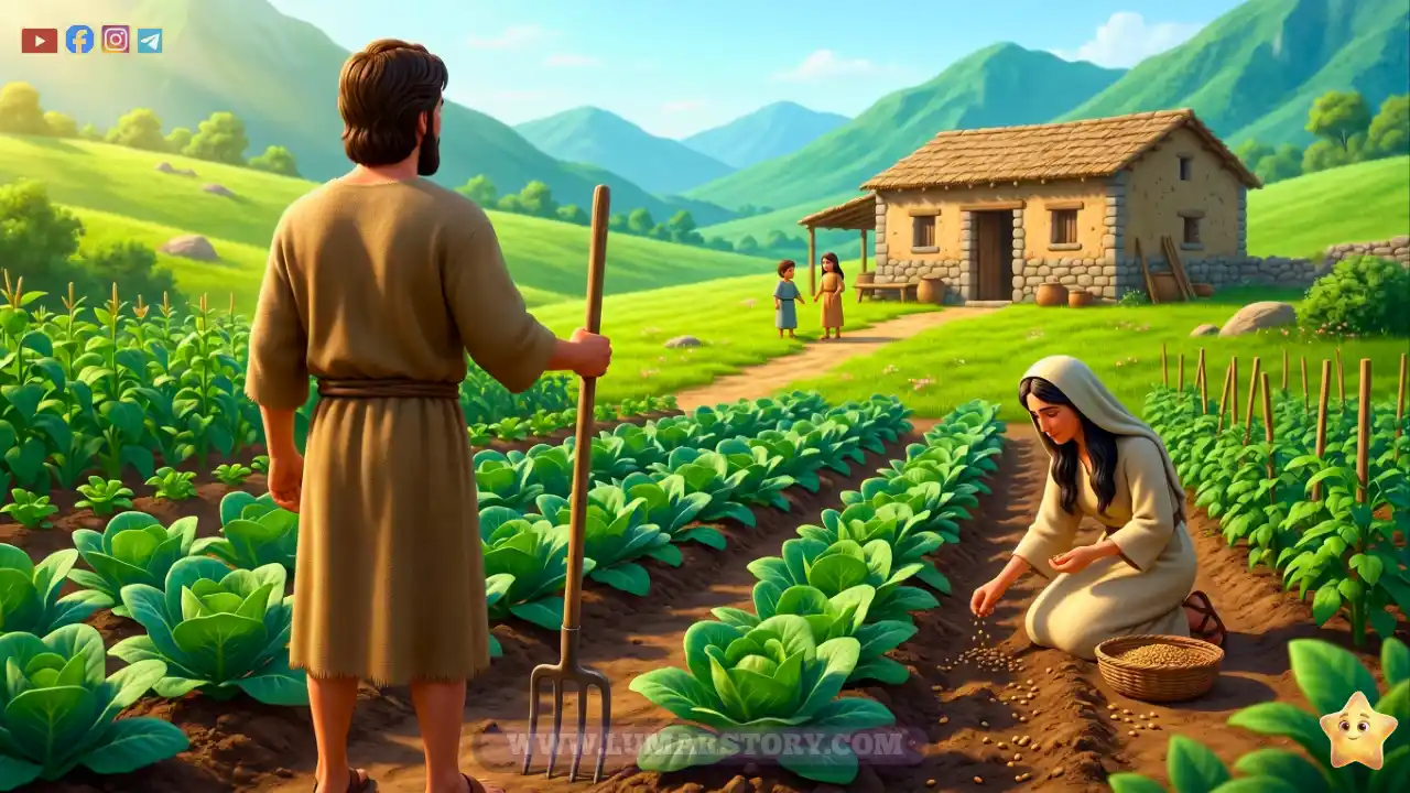 سيدنا آدم وحواء يعملان في الزراعة على الأرض مع أطفالهما.