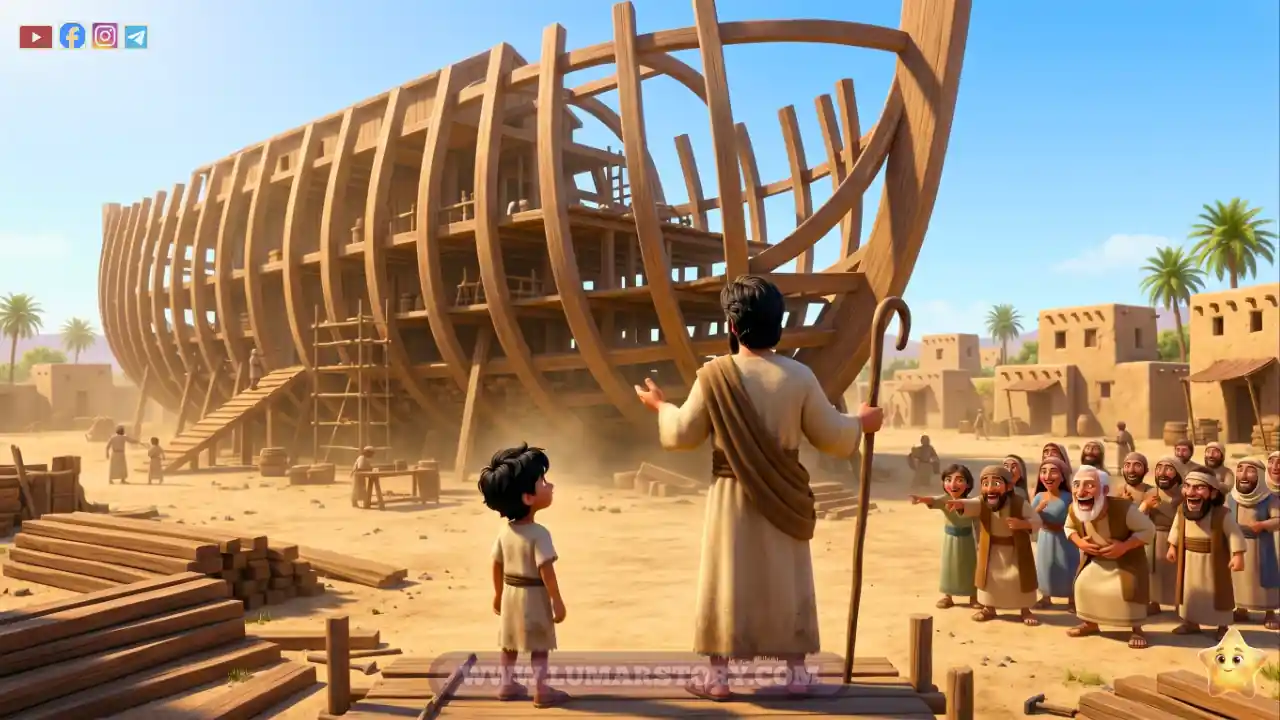النبي نوح وابنه والمؤمنون يبنون السفينة العظيمة من الأخشاب بينما يضحك القوم ويسخرون منهم.