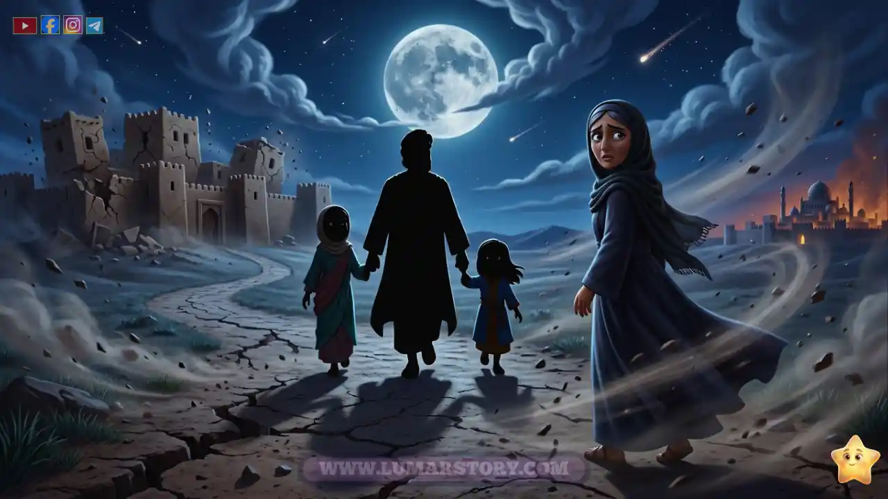 نجاة النبي لوط وبناته ليلاً وزوجته تلتفت للخلف أثناء الزلزال