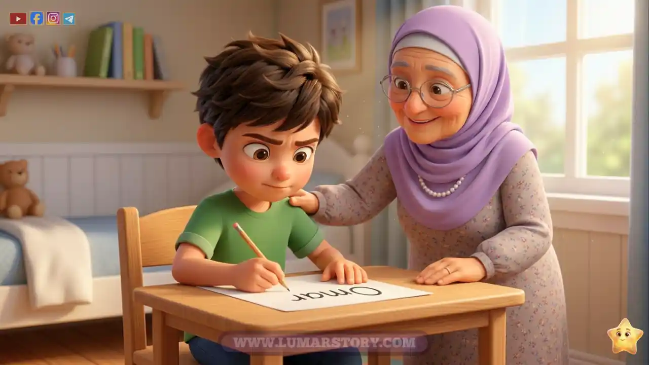 عمر ينجح أخيراً في كتابة اسمه بتركيز والجدة ليلى تقف خلفه بفخر وتشجيع.
