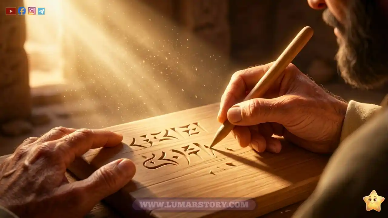 لقطة قريبة لأيدي النبي إدريس وهي تنحت الرموز على لوح خشبي في ضوء الشمس.