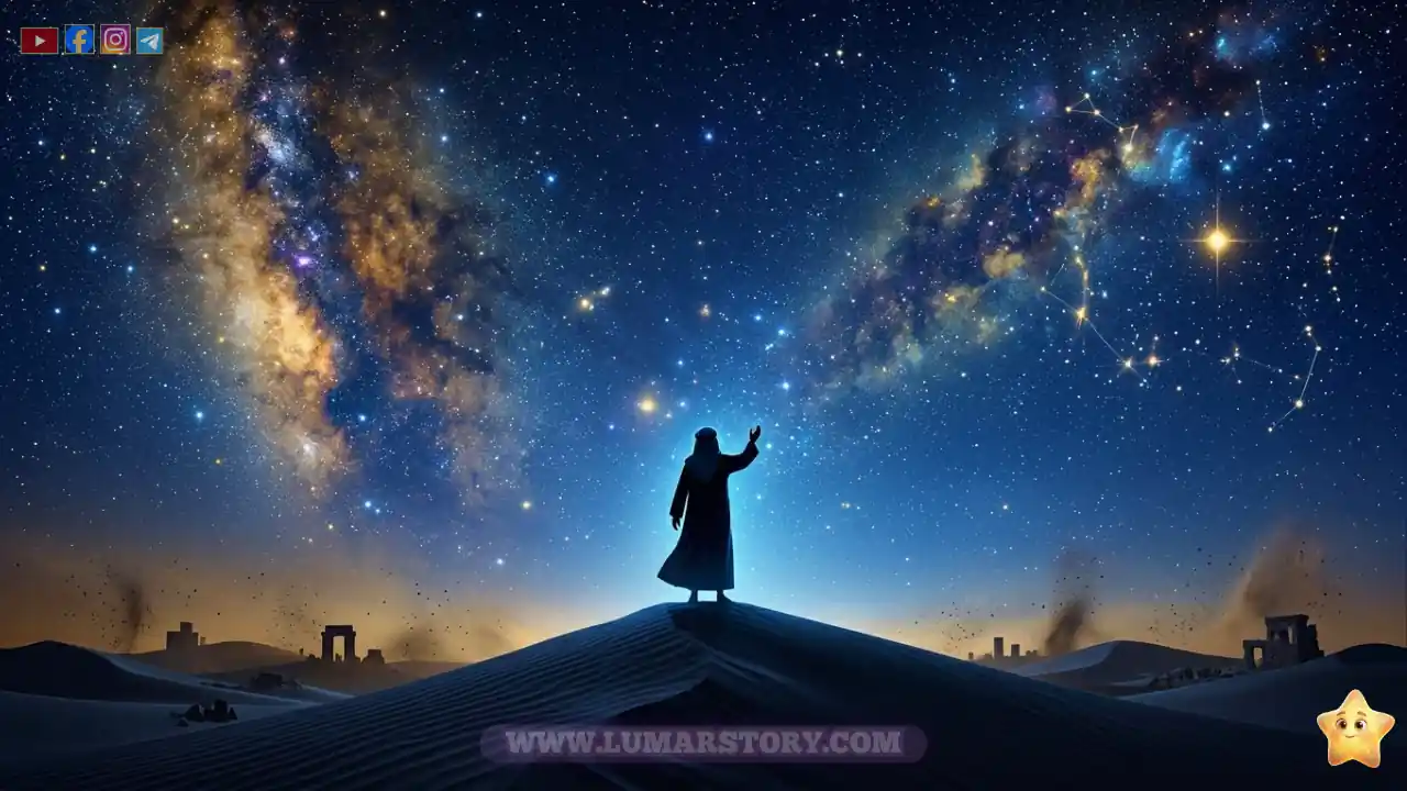 صورة ظلية للنبي إدريس من الخلف وهو يتأمل السماء المرصعة بالنجوم في الصحراء.