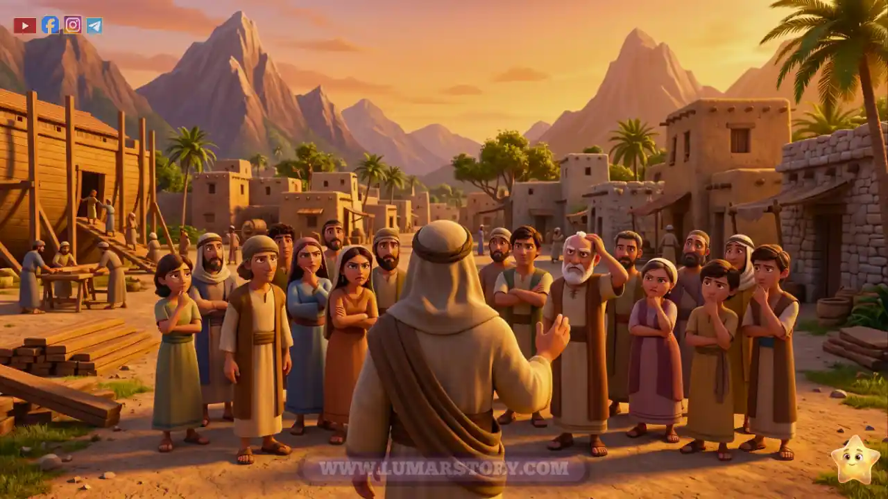 النبي نوح عليه السلام يدعو قومه في القرية الهادئة المحاطة بالجبال، والقوم ينظرون إليه بسخرية.